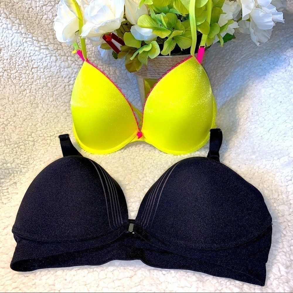 38C 2 Bra Lot Neon Yellow/ Pink & Black/Beige